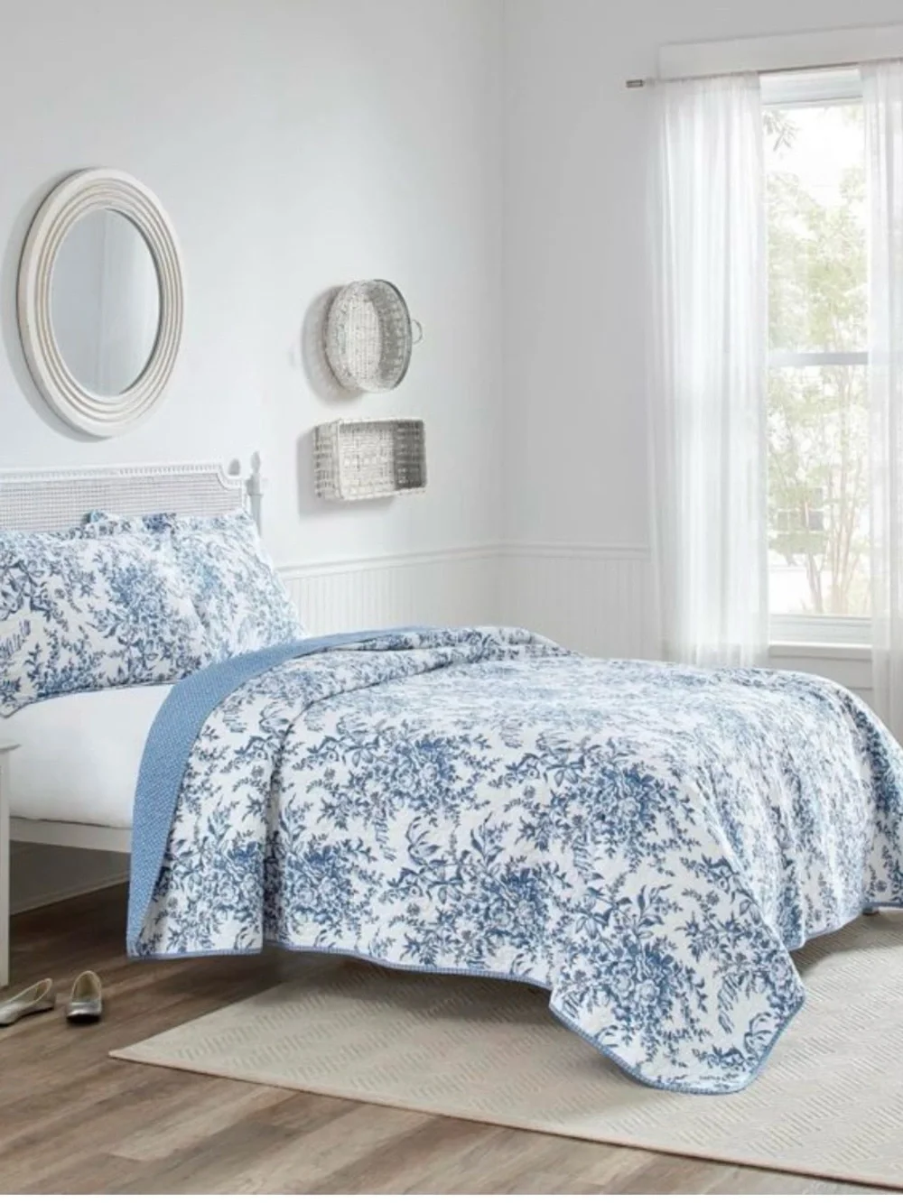 Blue Floral Quilt Set - Classic Cotton Bedding. Laura Ashley Bedford Blue Queen